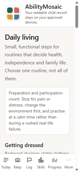 AbilityMosaic daily living screen with functional routines