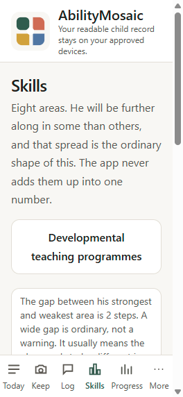 AbilityMosaic skills screen showing eight developmental areas